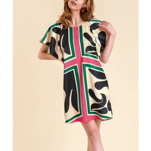 UMGEE U.S.A. Women's Magenta & Black Abstract Crewneck Shift Dress L - Picture 1 of 10